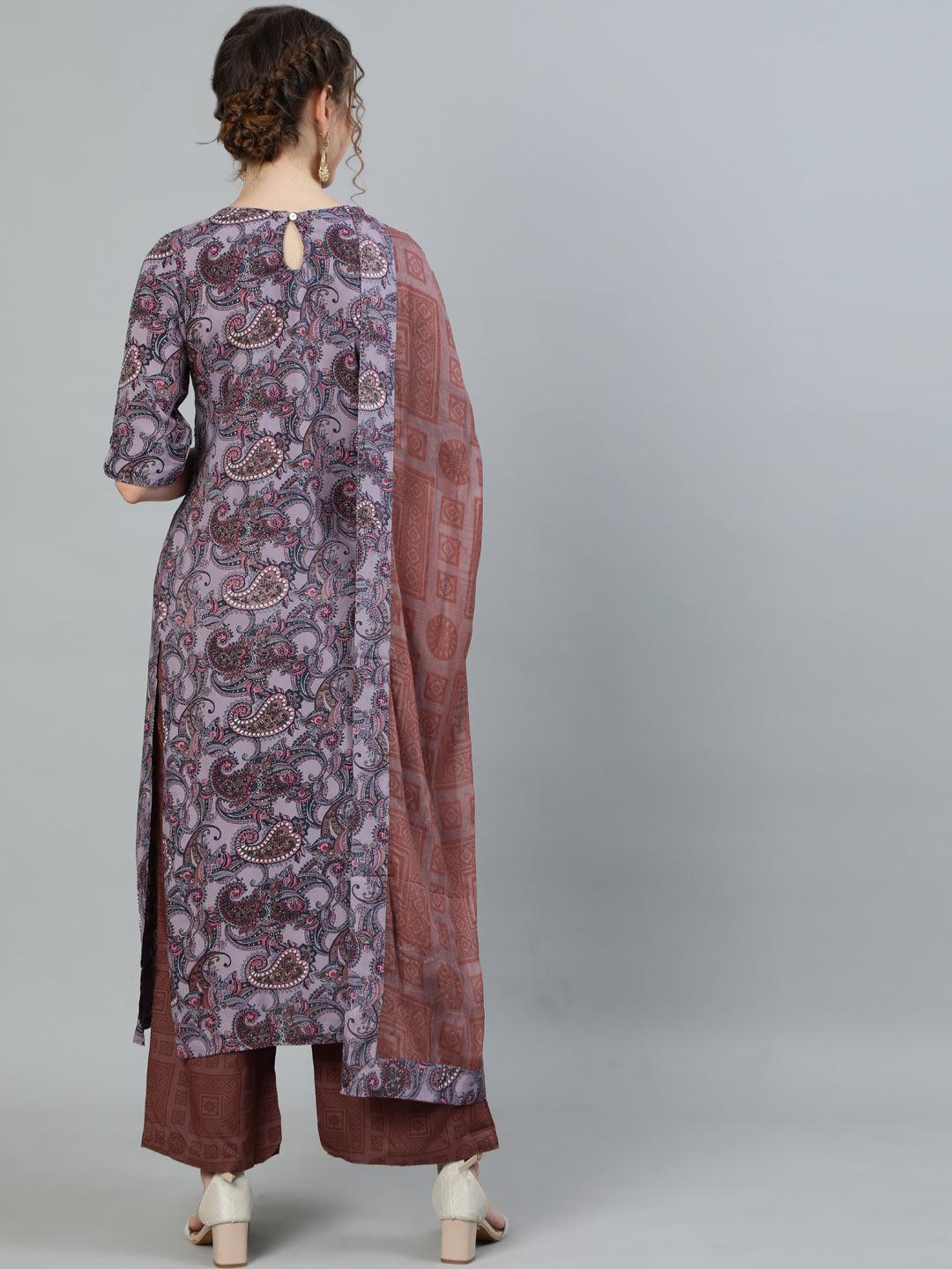 Women's Purple Embroidered A-Line Kurta With Palazzo & Dupatta - Ishin - Indiakreations