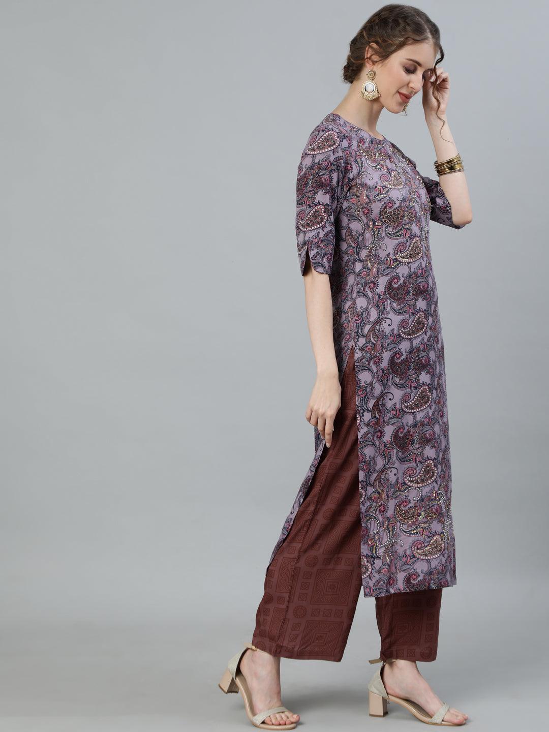 Women's Purple Embroidered A-Line Kurta With Palazzo & Dupatta - Ishin - Indiakreations