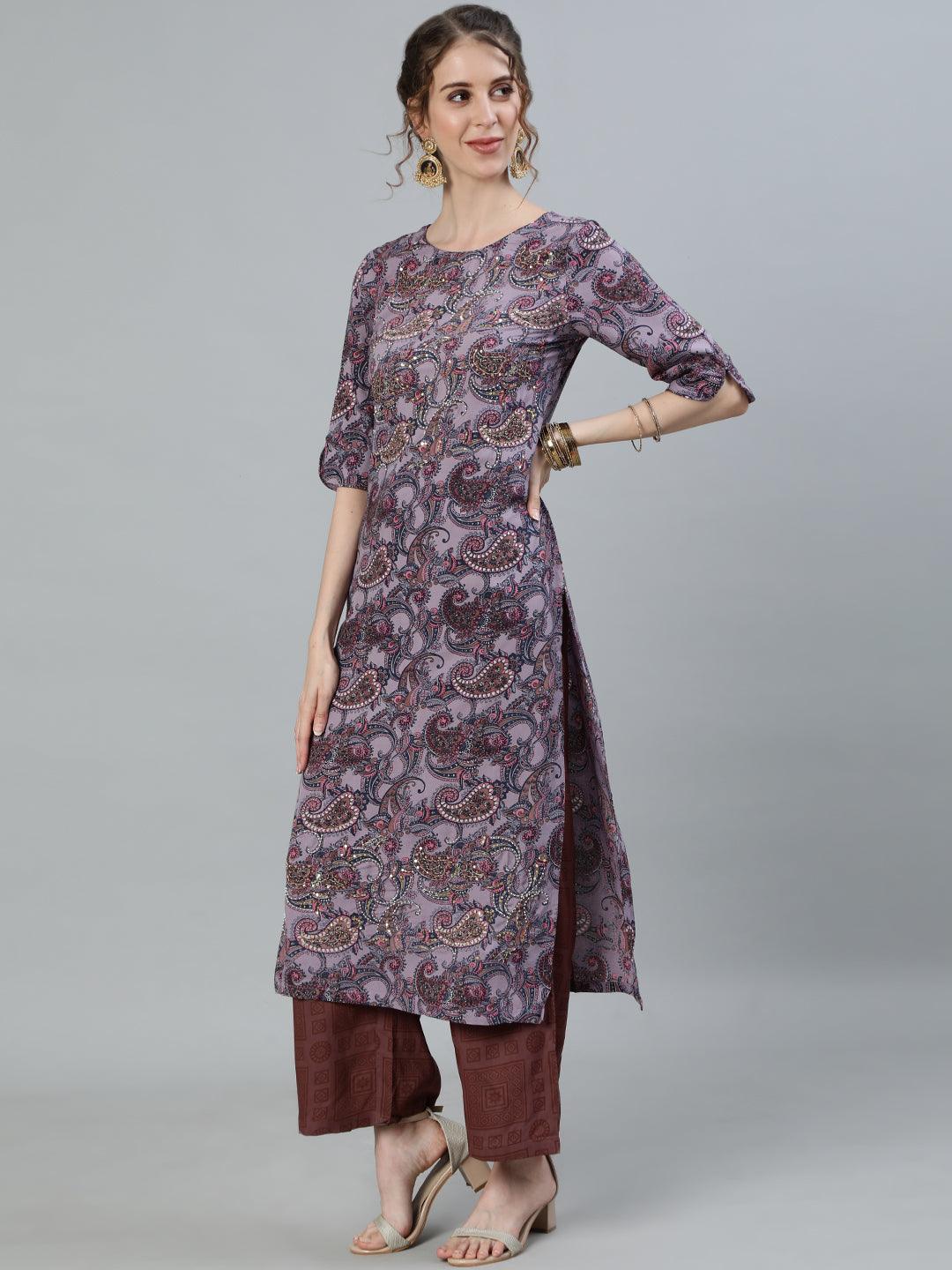 Women's Purple Embroidered A-Line Kurta With Palazzo & Dupatta - Ishin - Indiakreations