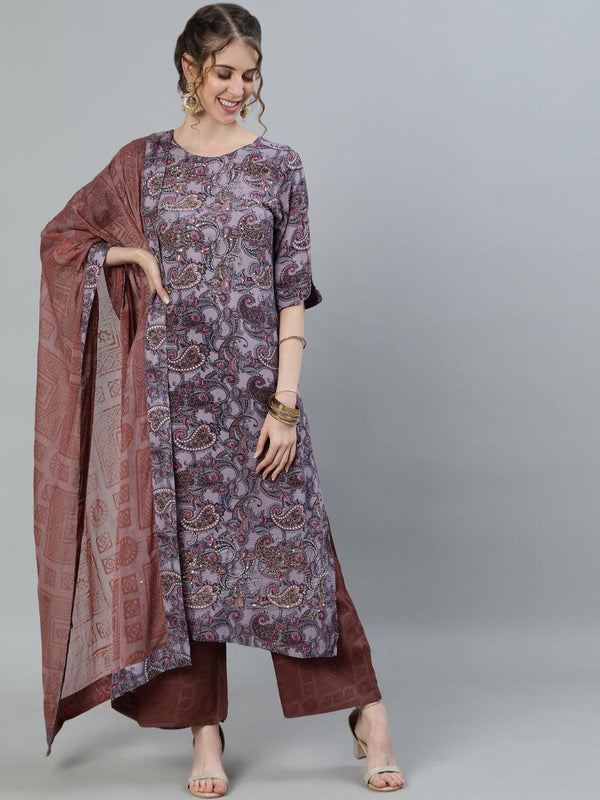 Women's Purple Embroidered A-Line Kurta With Palazzo & Dupatta - Ishin - Indiakreations