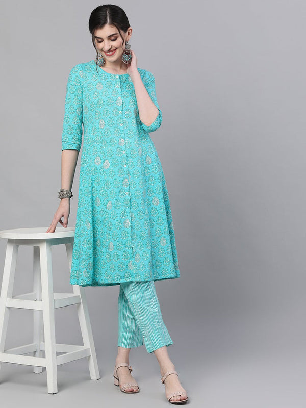 Women's Cotton Blue Printed A-Line Kurta Trouser Set - Ishin