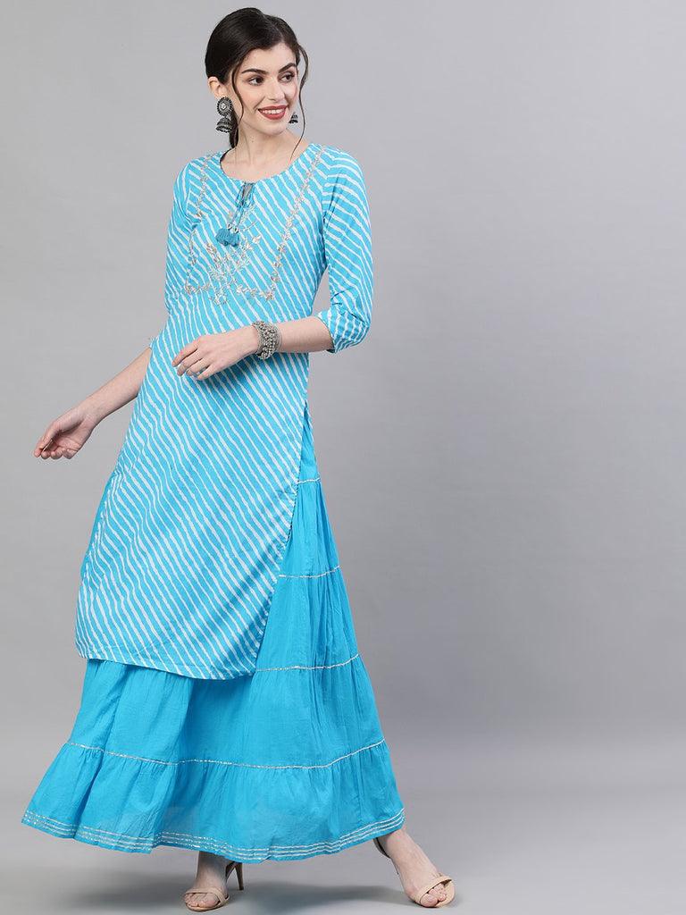 Women's Blue Leheriya Kurta & Skirt suit Set by Ishin- (2pcs set) - Indiakreations