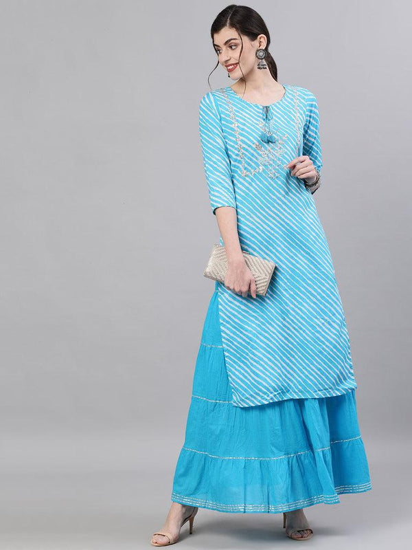 Women's Blue Leheriya Kurta & Skirt suit Set by Ishin- (2pcs set) - Indiakreations