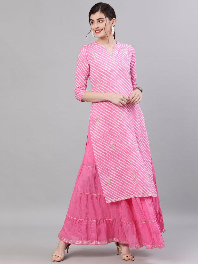 Women's Cotton Pink Leheriya Print Gota Patti Embellished A-Line Kurta Skirt Set - Ishin - Indiakreations