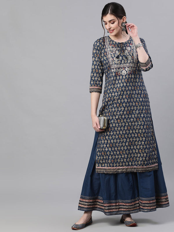 Women's Cotton Navy Blue Embroidered A-Line Kurta Palazzo Set - Ishin