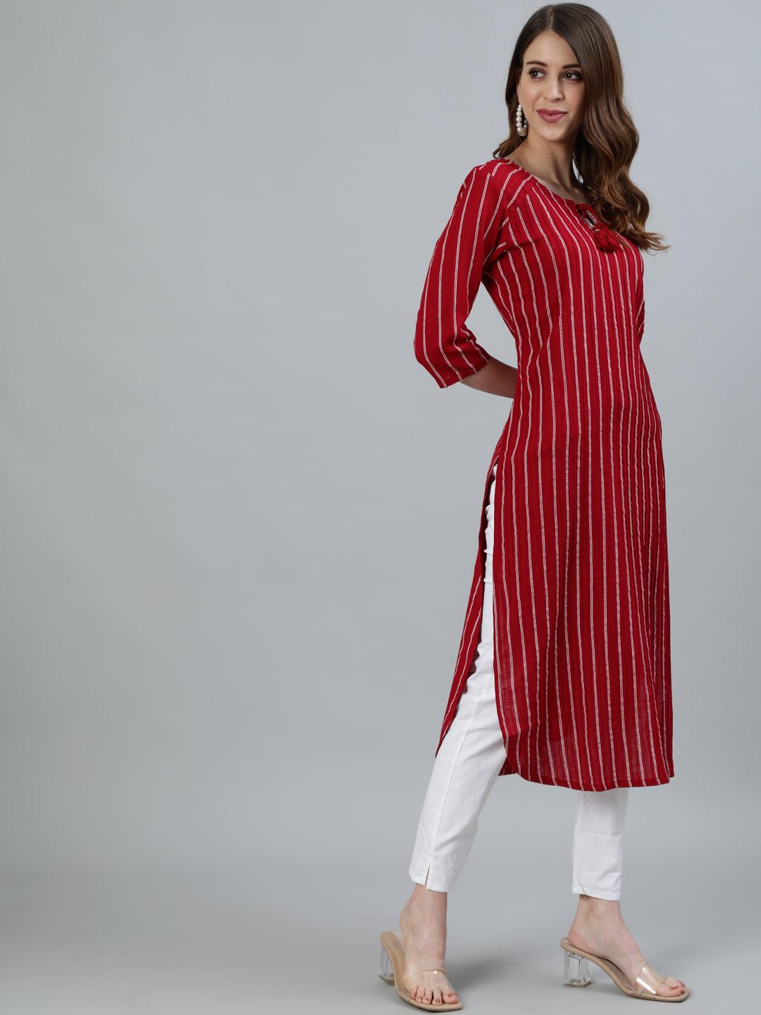 Women's Red Embroidered Pintucks A-Line Kurta - Ishin - Indiakreations