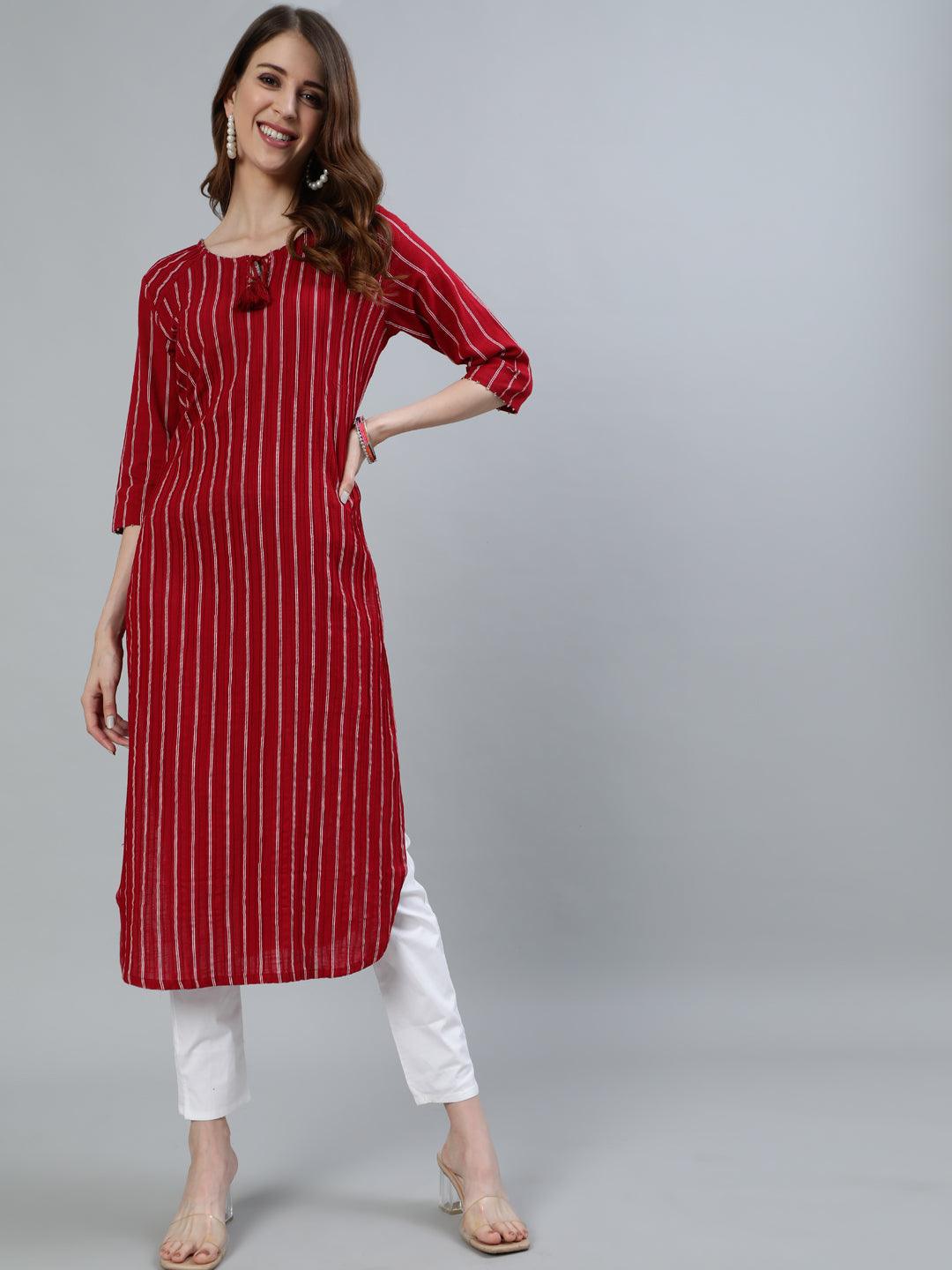 Women's Red Embroidered Pintucks A-Line Kurta - Ishin - Indiakreations