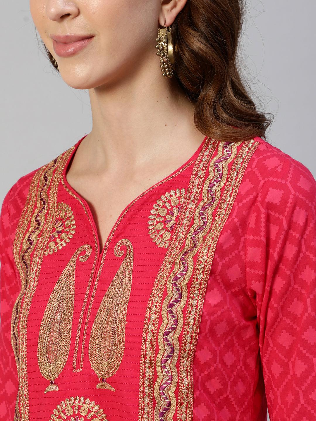 Women's Cotton Pink Zari Embroidered A-Line Kurta - Ishin - Indiakreations