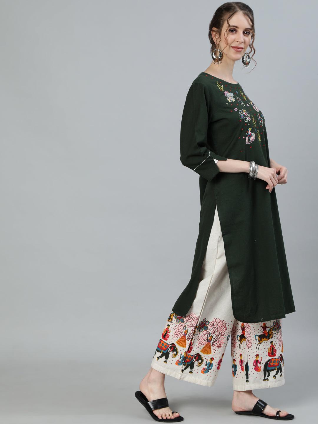 Women's Cotton Green & Off White Embroidered A-Line Kurta Palazzo Dupatta Set - Ishin - Indiakreations