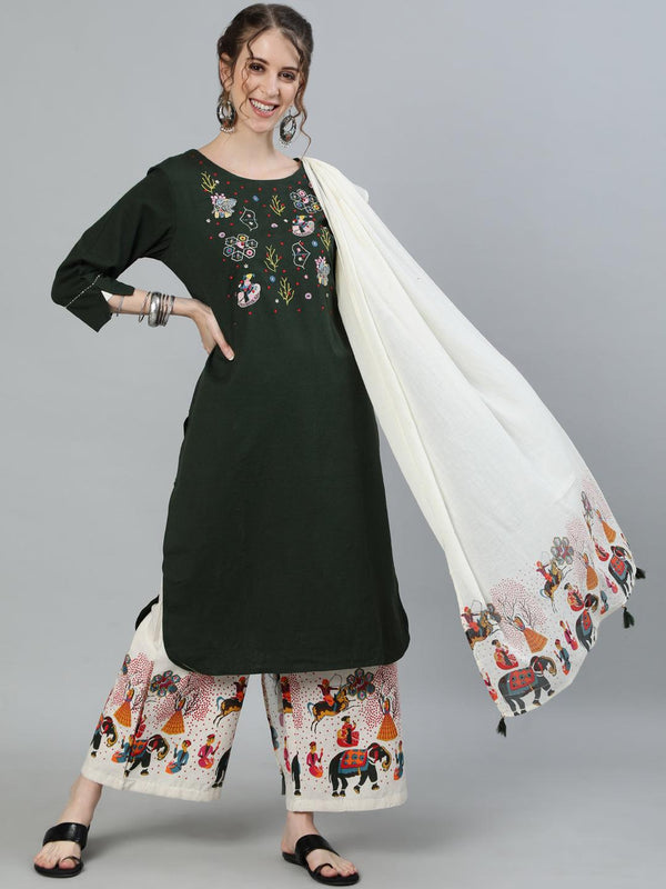 Women's Cotton Green & Off White Embroidered A-Line Kurta Palazzo Dupatta Set - Ishin - Indiakreations