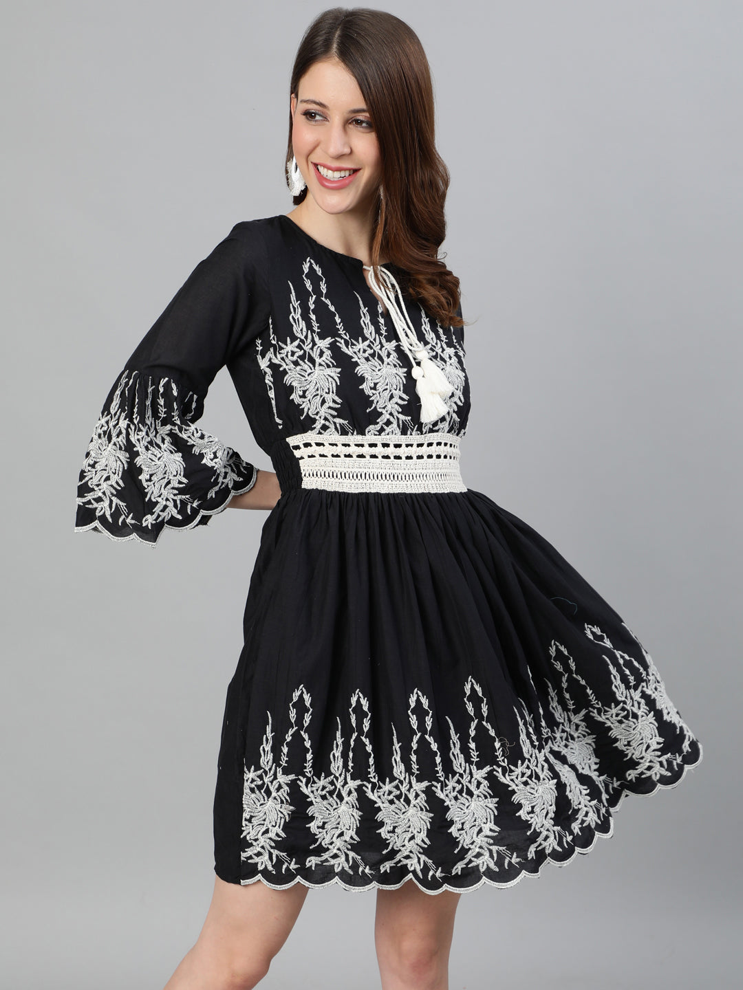 Women's Cotton Black Embroidered A-Line Dress - Ishin