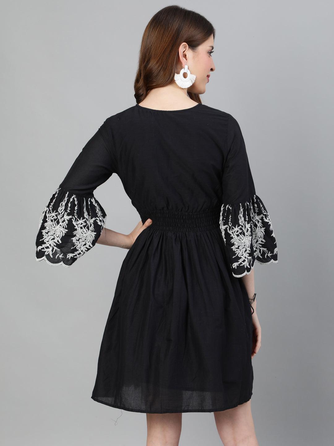 Women's Cotton Black Embroidered A-Line Dress - Ishin - Indiakreations