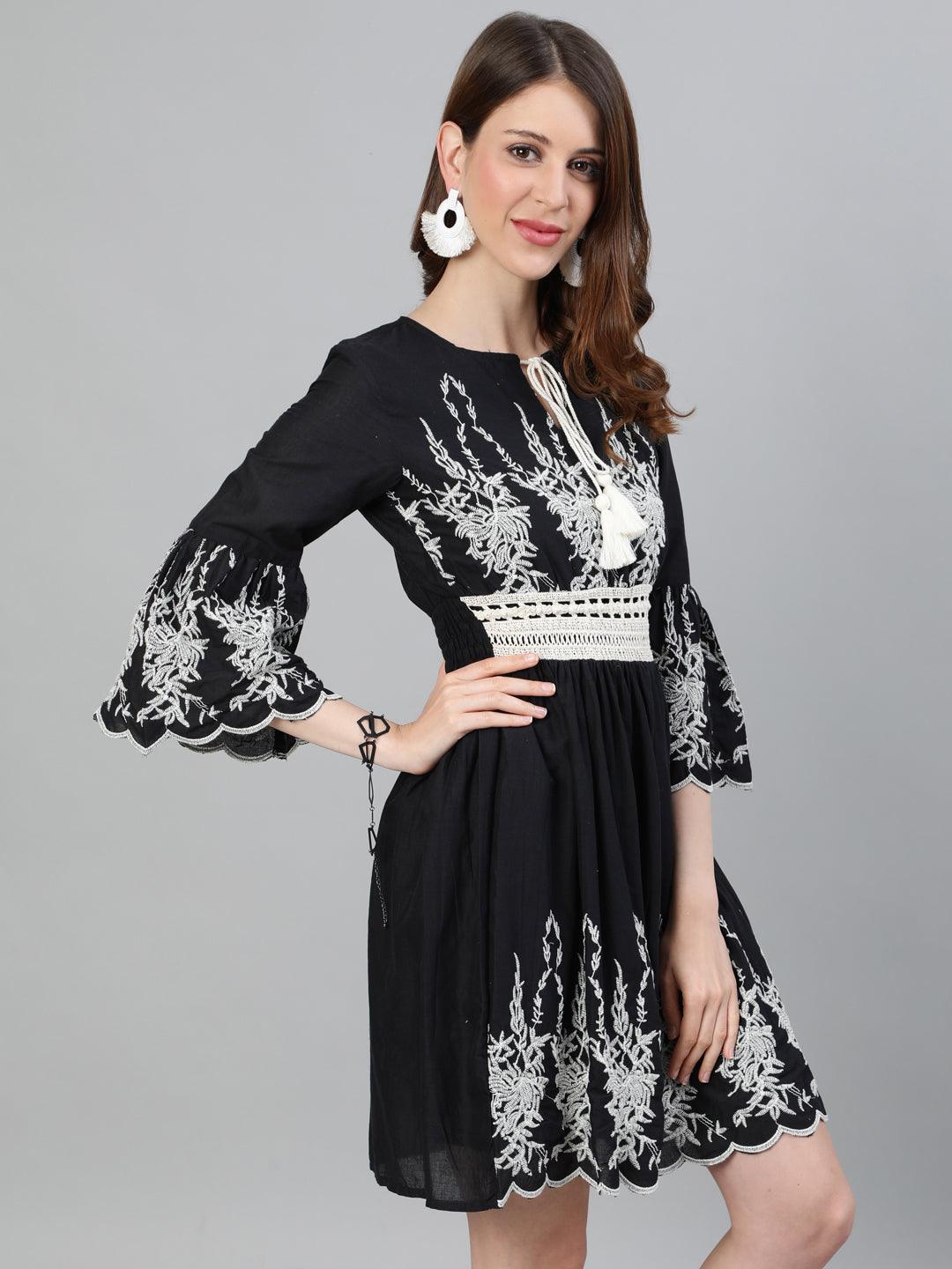 Women's Cotton Black Embroidered A-Line Dress - Ishin - Indiakreations