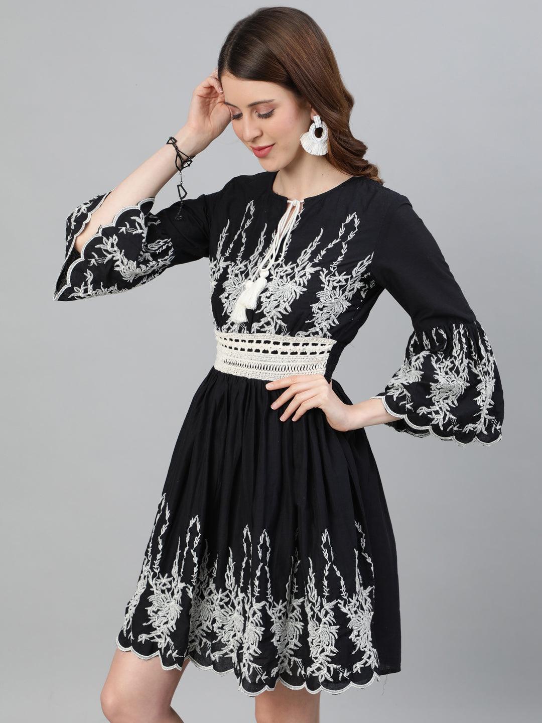 Women's Cotton Black Embroidered A-Line Dress - Ishin - Indiakreations