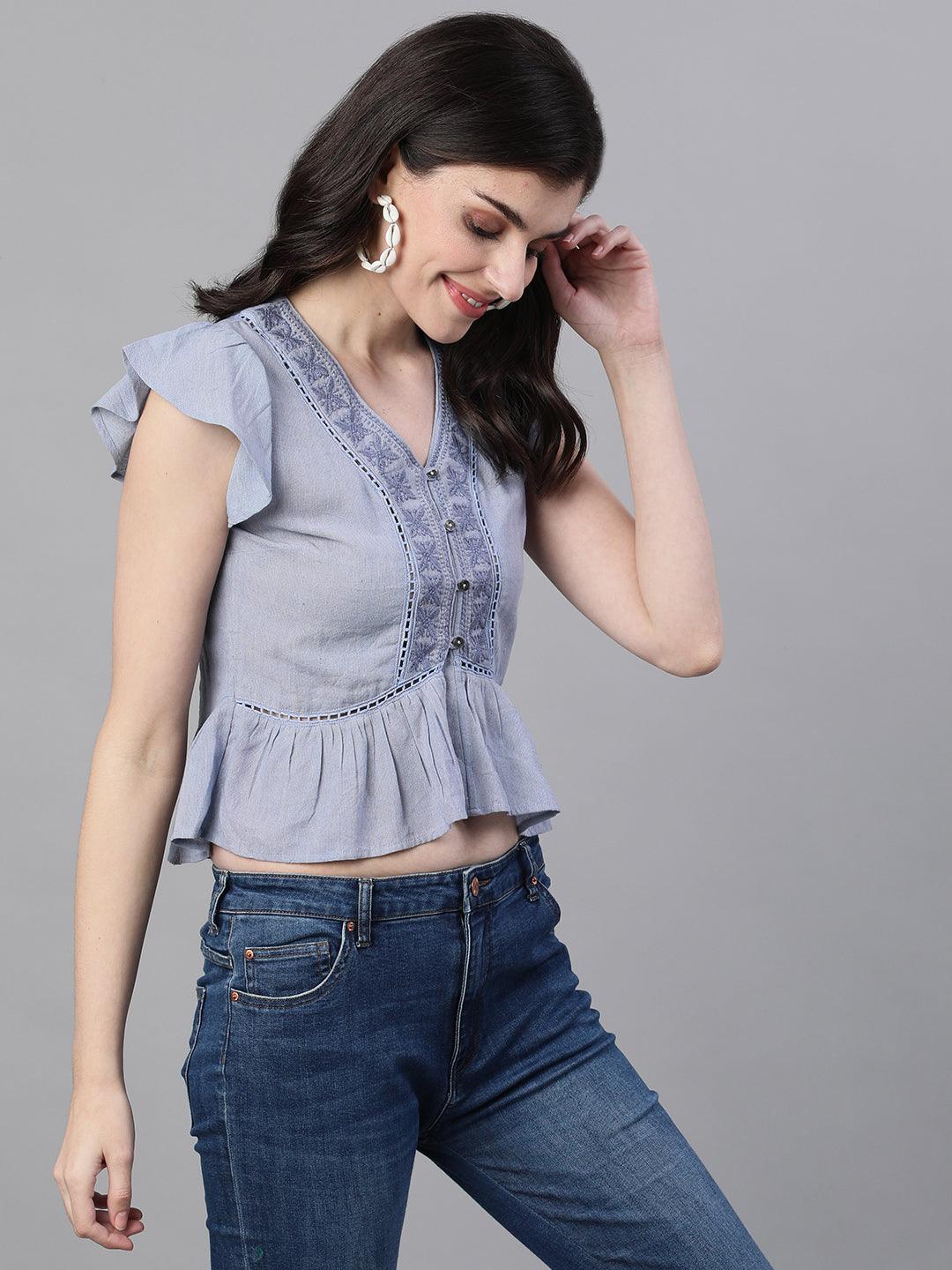 Women's Cotton Blue Embroidered Crop Top - Ishin - Indiakreations