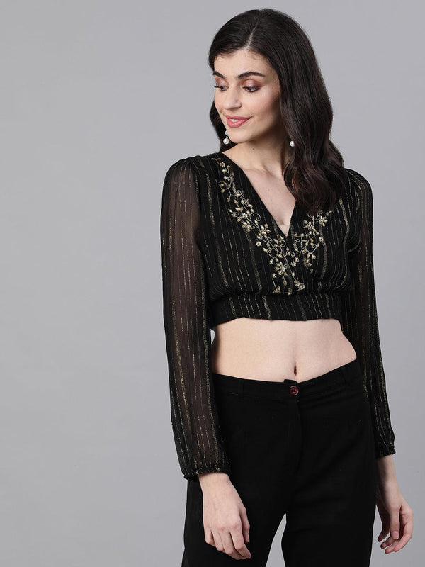 Women Black Polyester Crop Top by Ishin (1pc) - Indiakreations