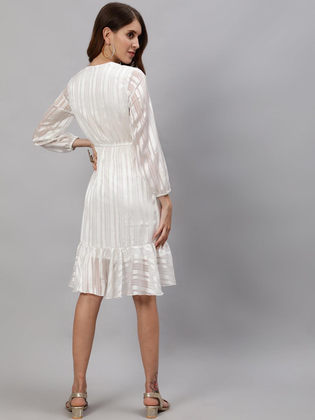 Women's White Striped Wrap Dress - Ishin - Indiakreations