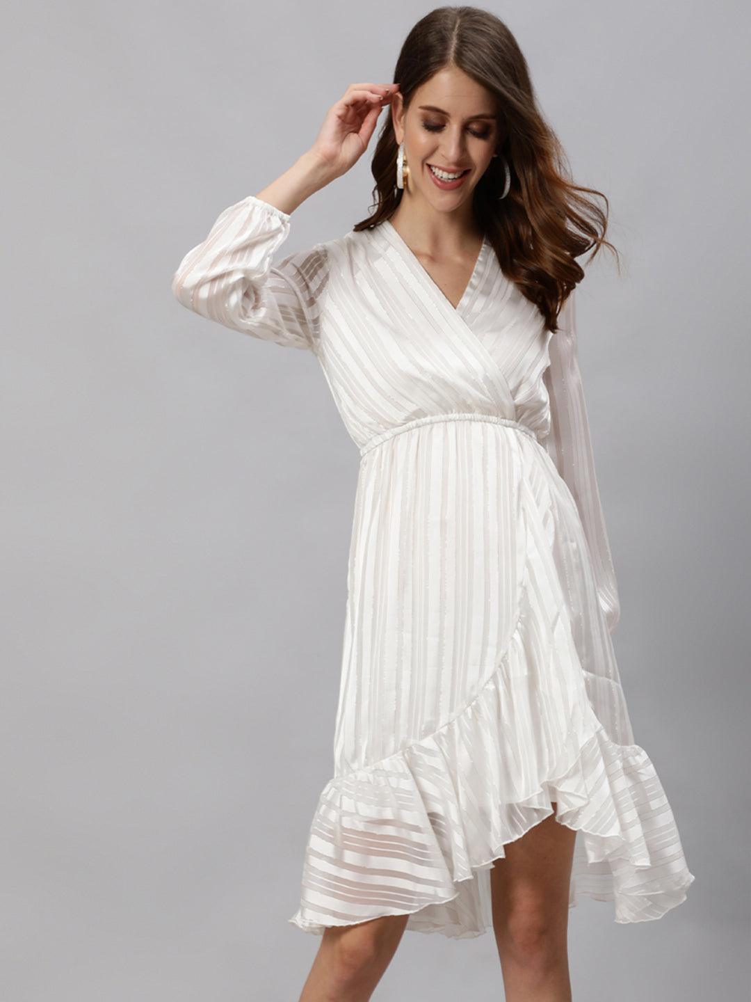 Women's White Striped Wrap Dress - Ishin - Indiakreations