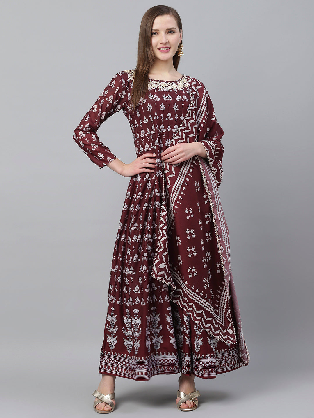 Women's Brown Printed Jewel Neck Anarkali Kurta With Dupatta - Ishin