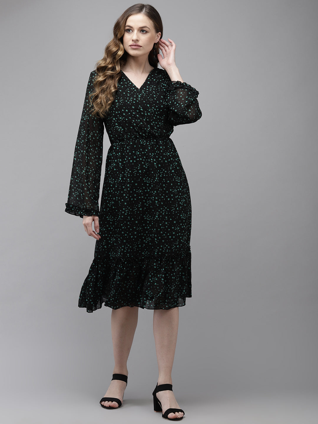 Women's Black & Green Wrap Tiered Dress - Ishin