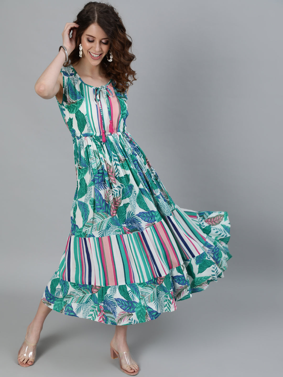 Women's Polyester White & Green Printed Fit & Flare Dress - Ishin