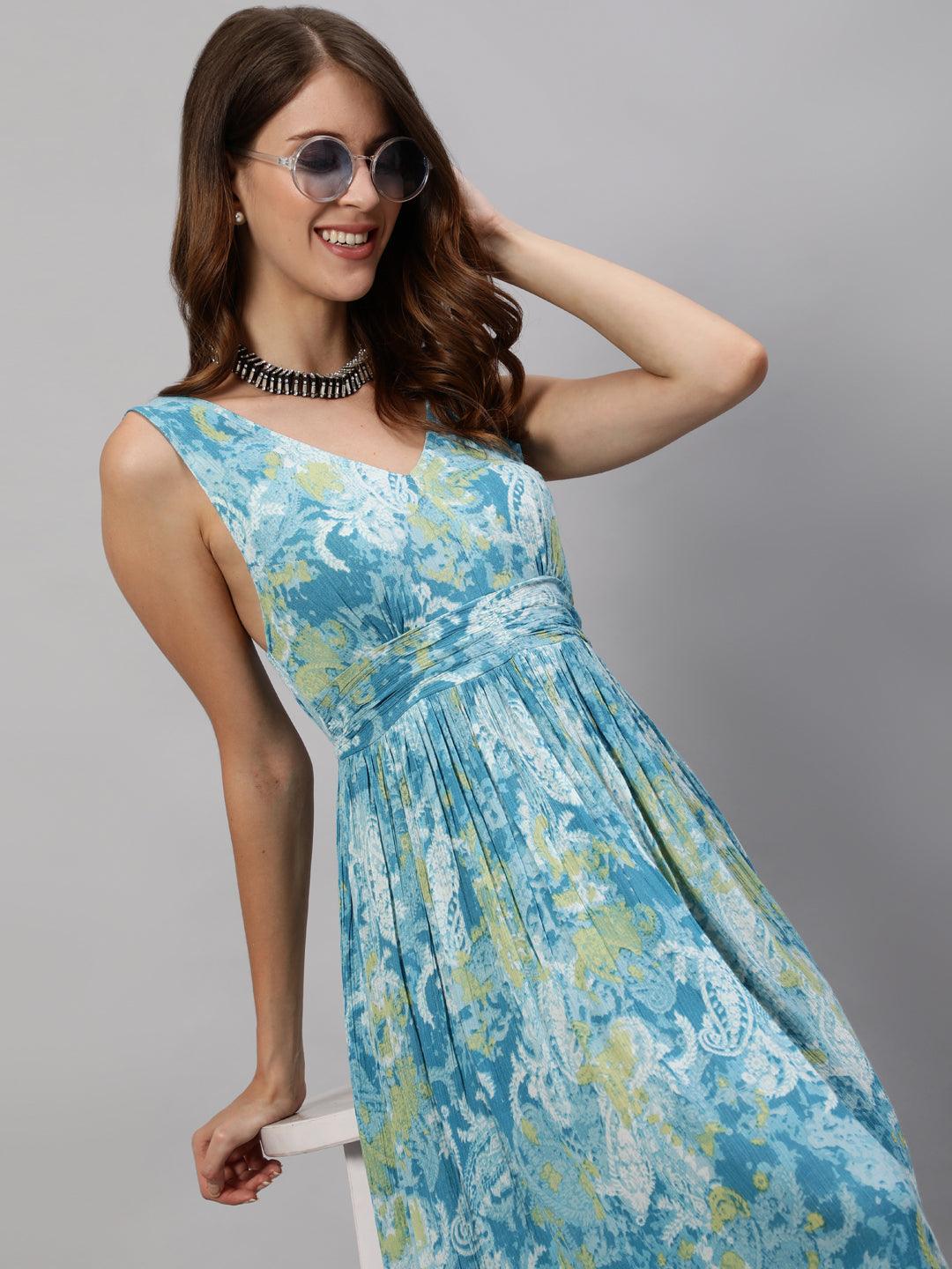 Women Blue Georgette Fit & Flare Dress by Ishin (1pc) - Indiakreations