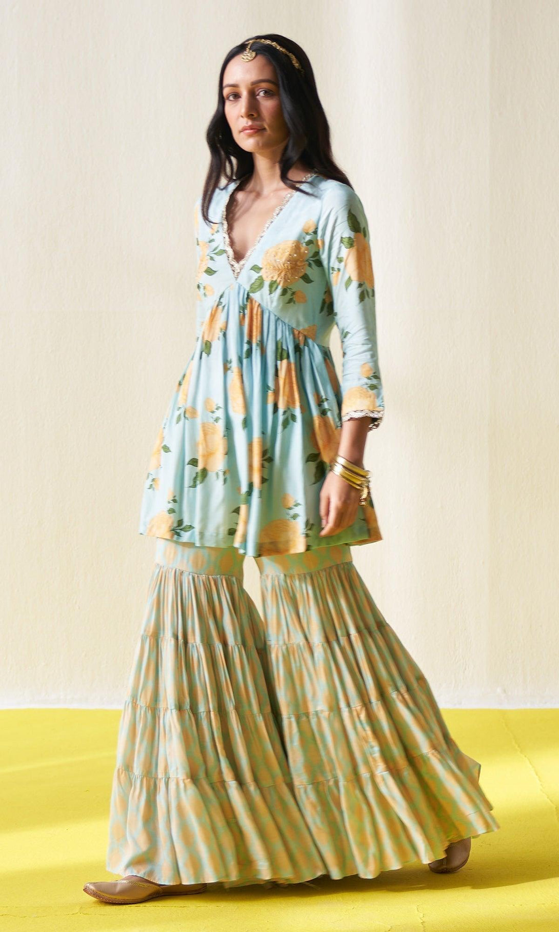 KIARA AQUA V- NECK FLORAL PRINTED SHARARA SET - SET OF 3 - RTS - Indiakreations