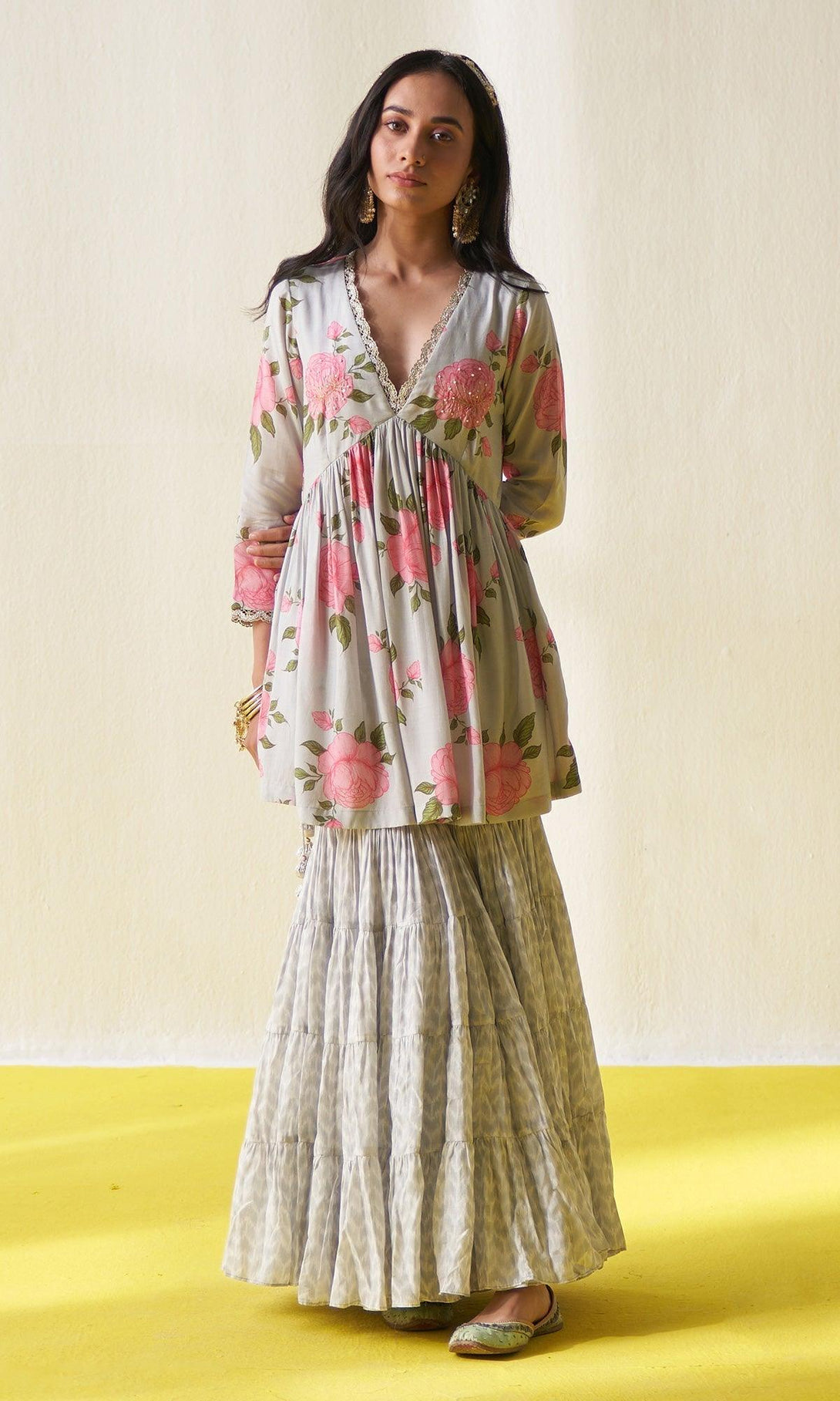 KIARA GREY V- NECK FLORAL PRINTED SHARARA SET - SET OF 3 RTS - Indiakreations