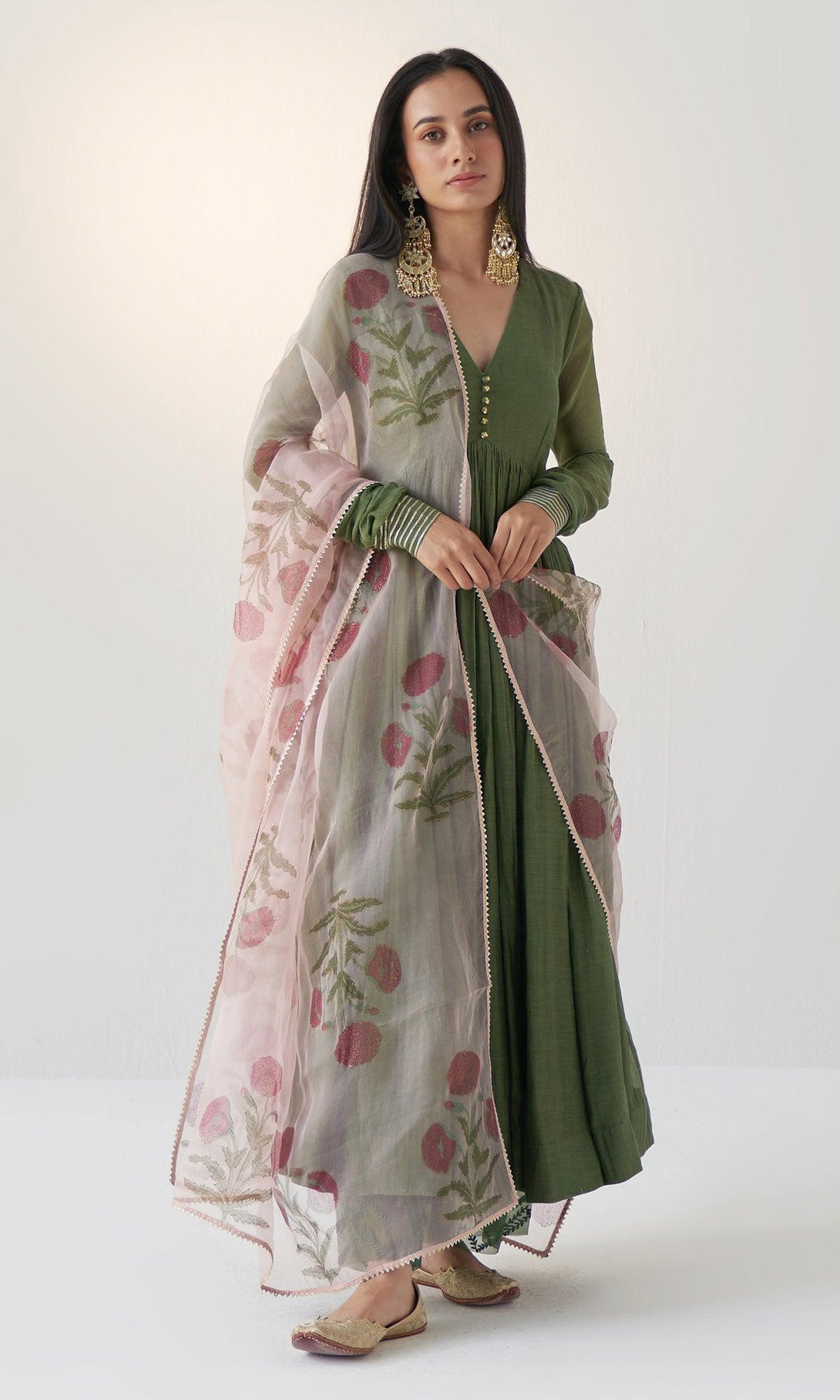 Noor Vol.2 Olive Green V- Neck Anarkali With Block Printed Dupatta And Palazzo - Set Of 3 RTS - Indiakreations