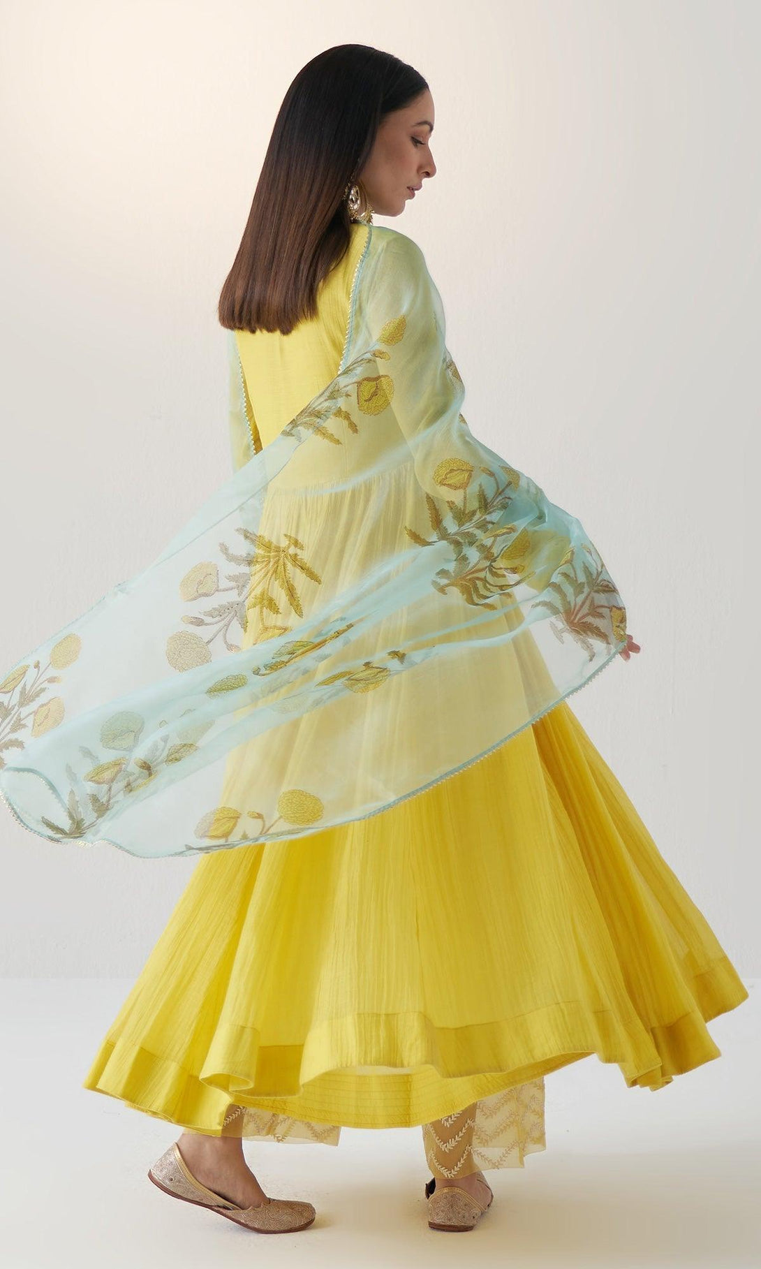 Noor Vol.2 Yellow V- Neck Anarkali With Block Printed Dupatta And Palazzo - Set Of 3 RTS - Indiakreations