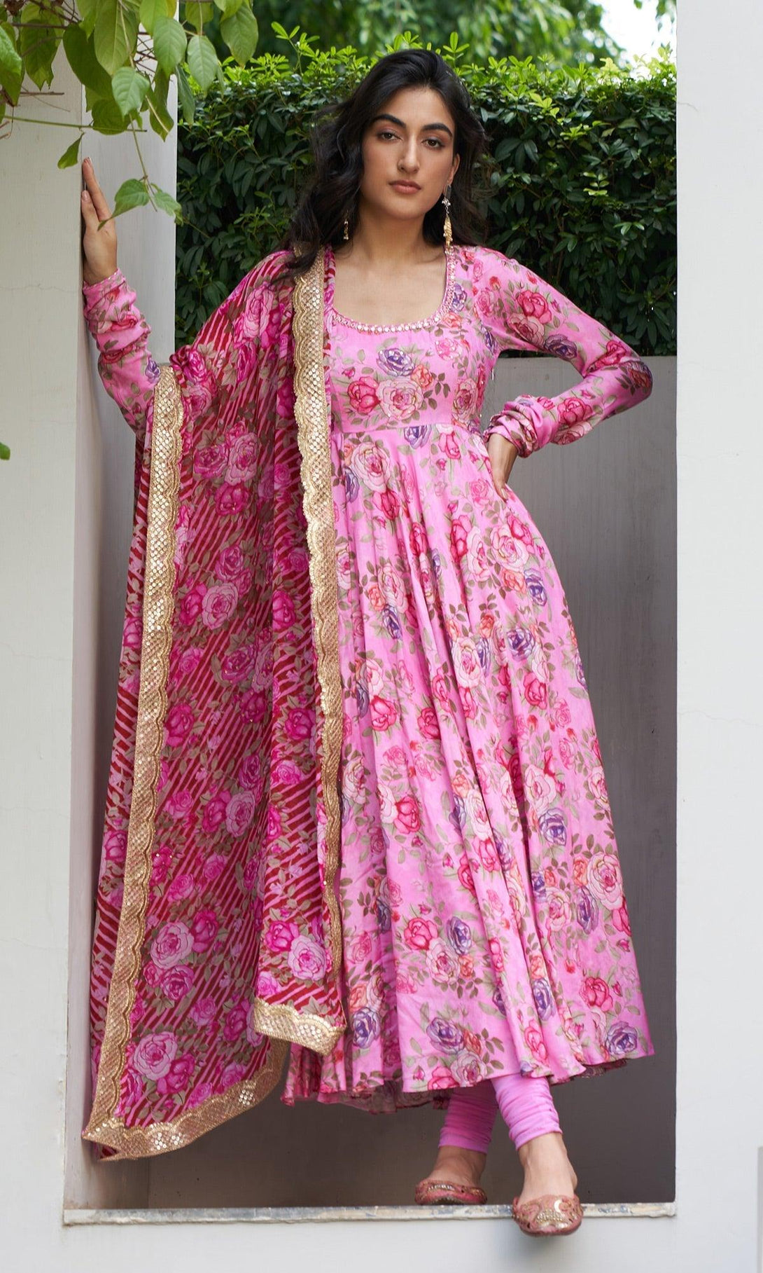 Farzeen - Pink Floral Embroidered Anarkali with chooridar and leheriya floral dupatta - Set of 3 RTS - Indiakreations