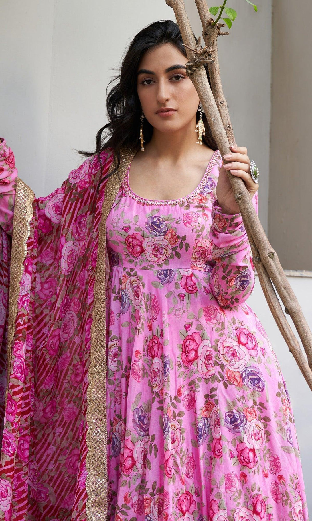 Farzeen - Pink Floral Embroidered Anarkali with chooridar and leheriya floral dupatta - Set of 3 RTS - Indiakreations