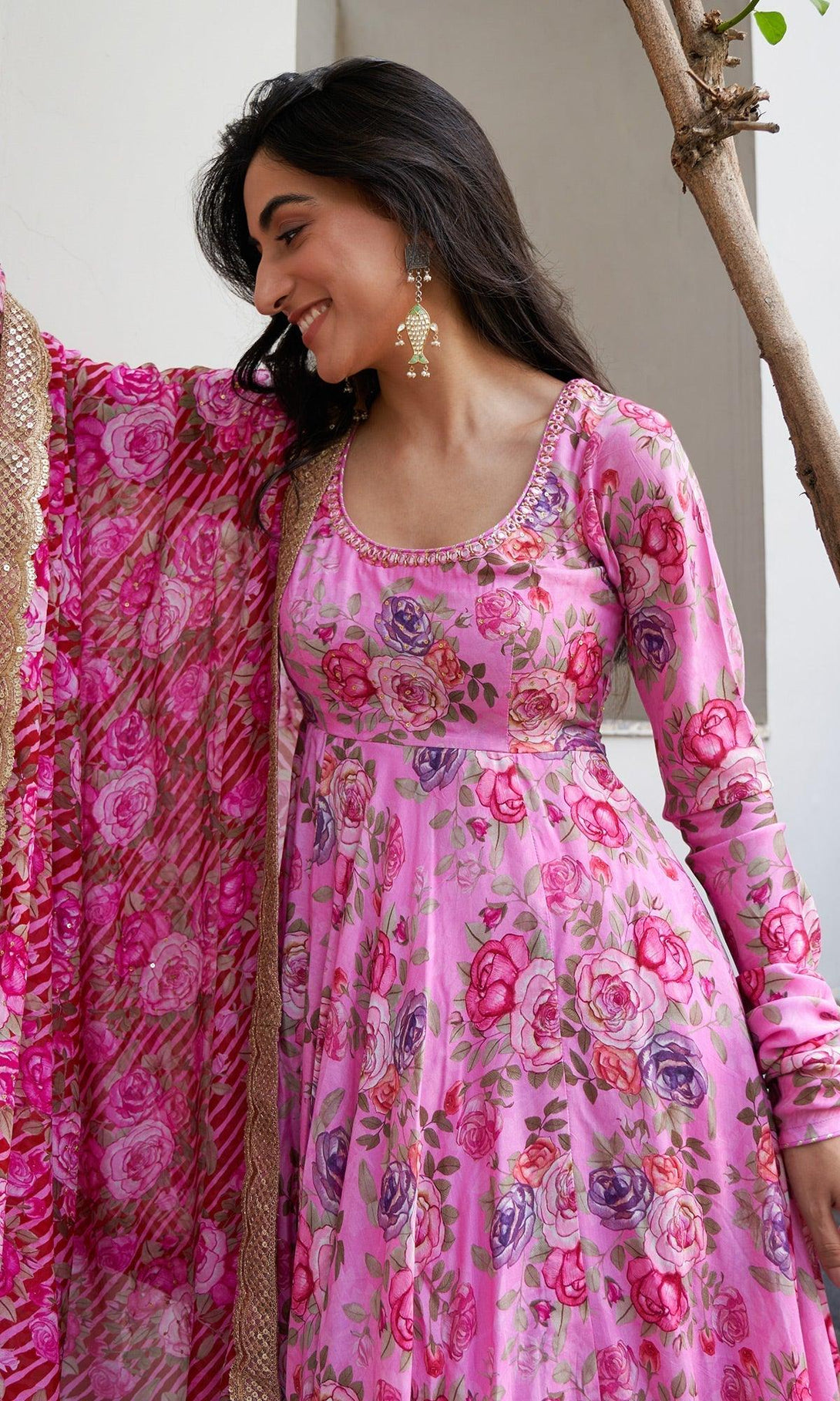 Farzeen - Pink Floral Embroidered Anarkali with chooridar and leheriya floral dupatta - Set of 3 RTS - Indiakreations