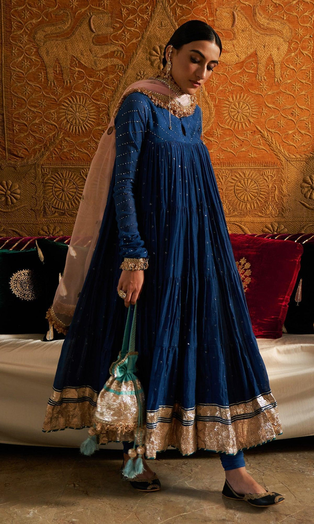 Phillauri Blue Tiered Anarkali With Chooridar And Dupatta - Set Of 3 RTS - Indiakreations