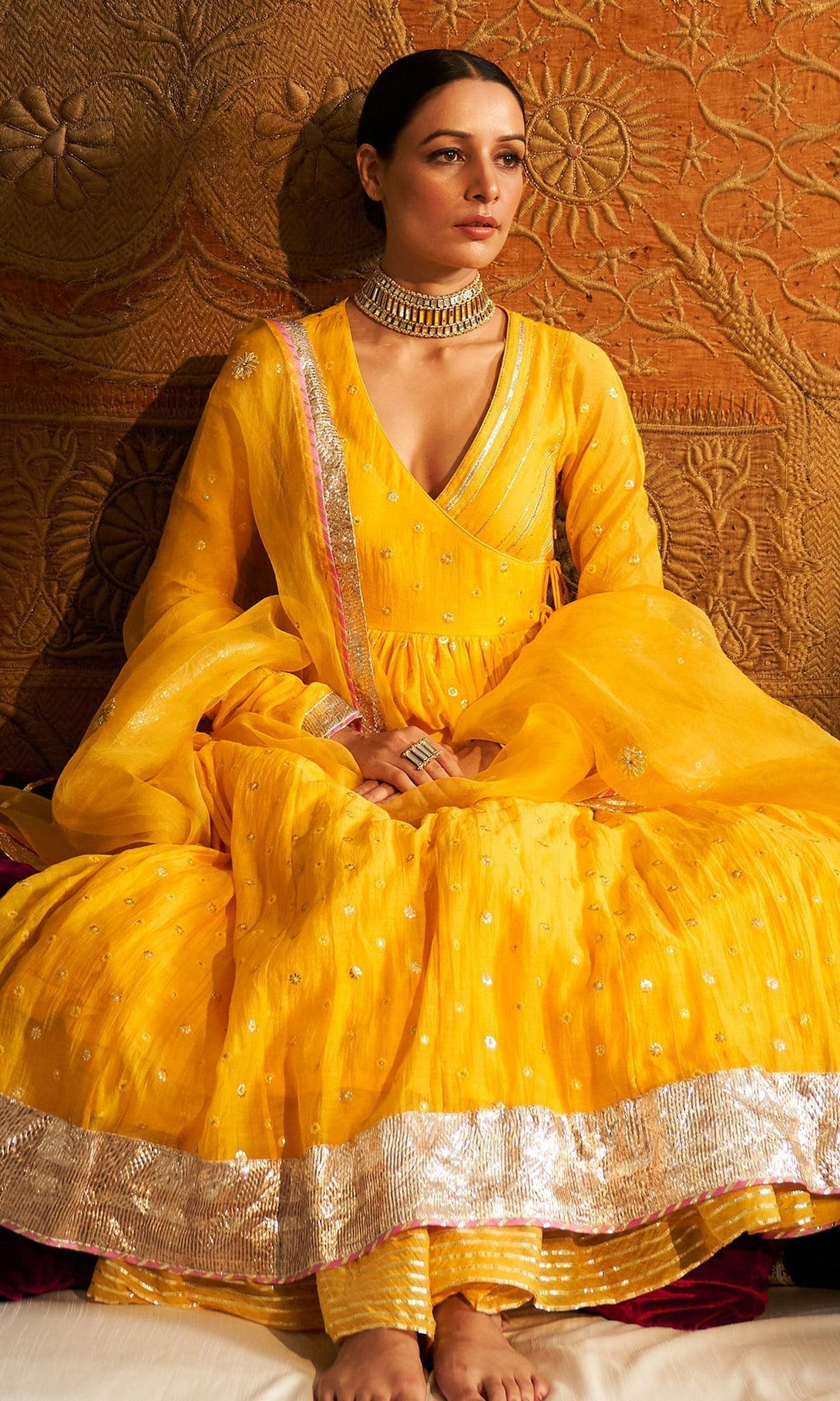 Phillauri Mustard Yellow Angrakha Style Anarkali With Sharara And Dupatta - Set Of 3 RTS - Indiakreations