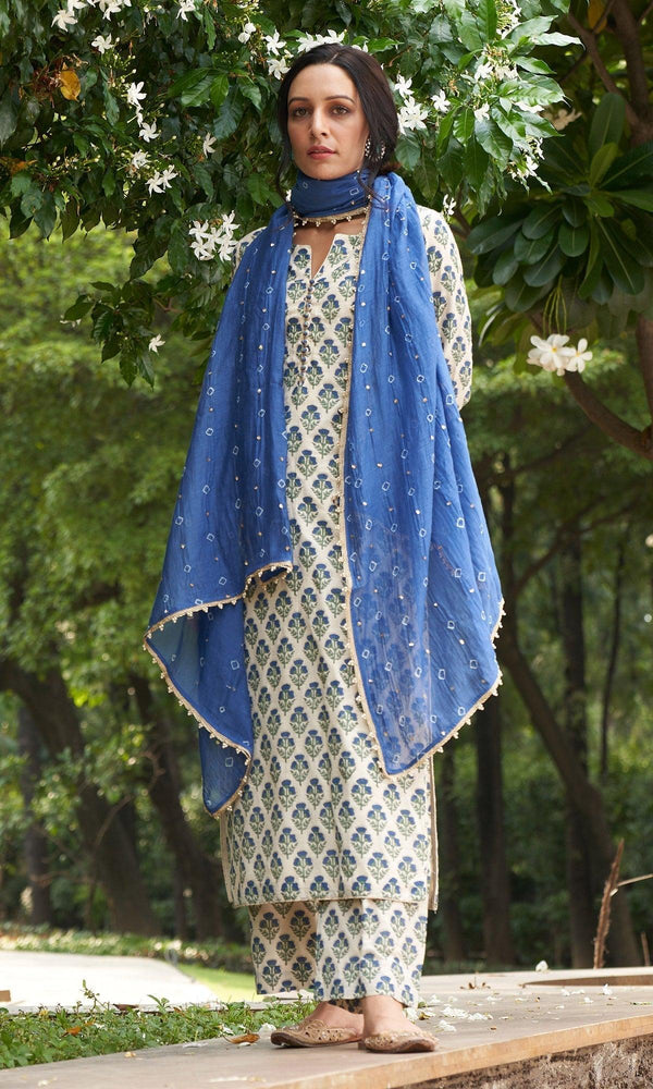 Kainaat - Blue Block Printed Straight Suit Set - Set Of 3 - Indiakreations