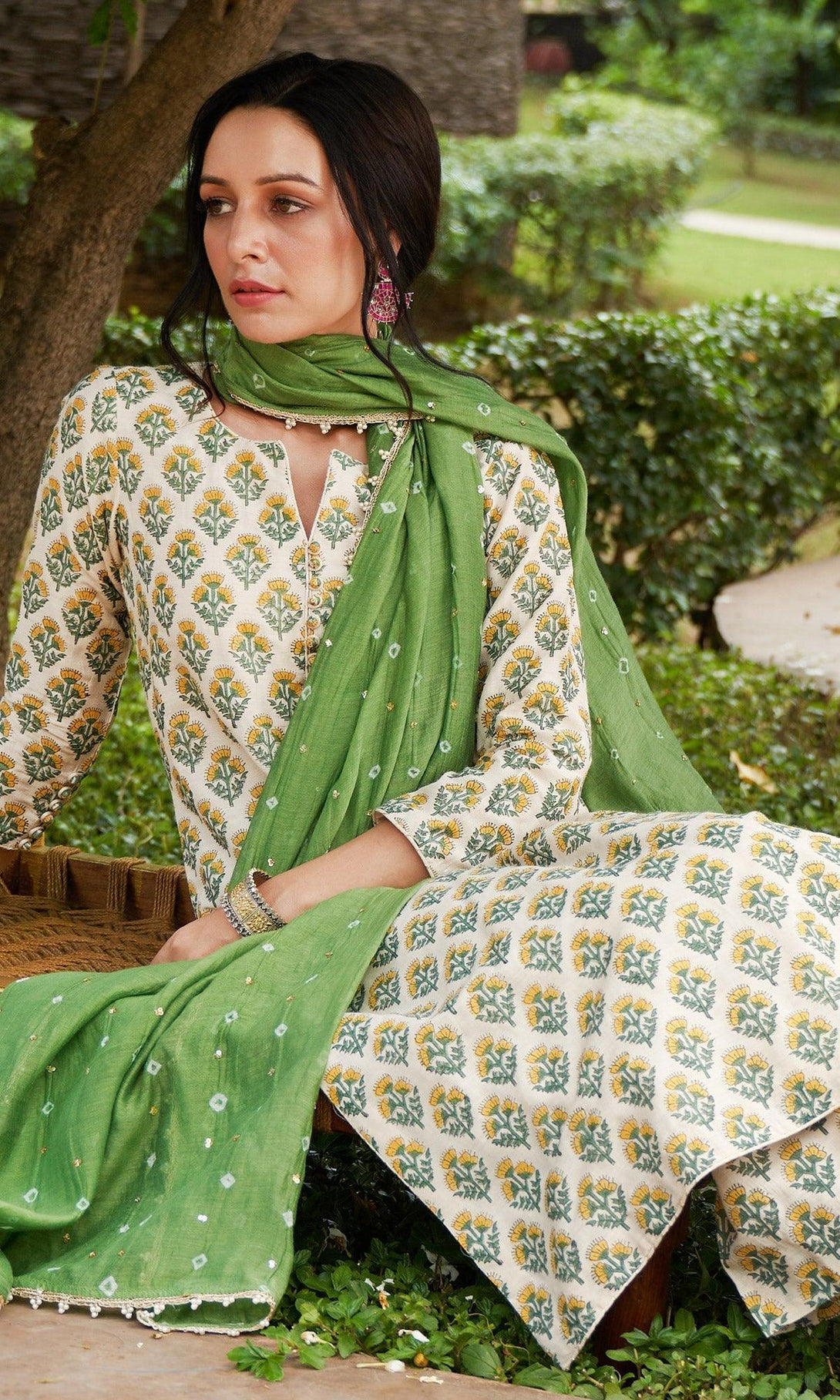 Kainaat - Yellow Block Printed Straight Suit Set - Set Of 3 - Indiakreations