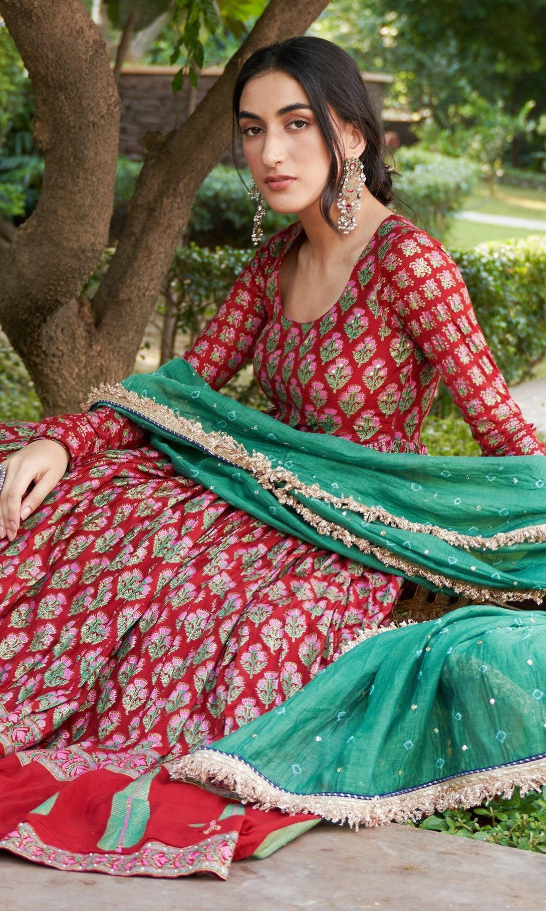 Kainaat- Red Block Printed Anarkali With Chooridar And Dupatta - Set Of 3 RTS - Indiakreations