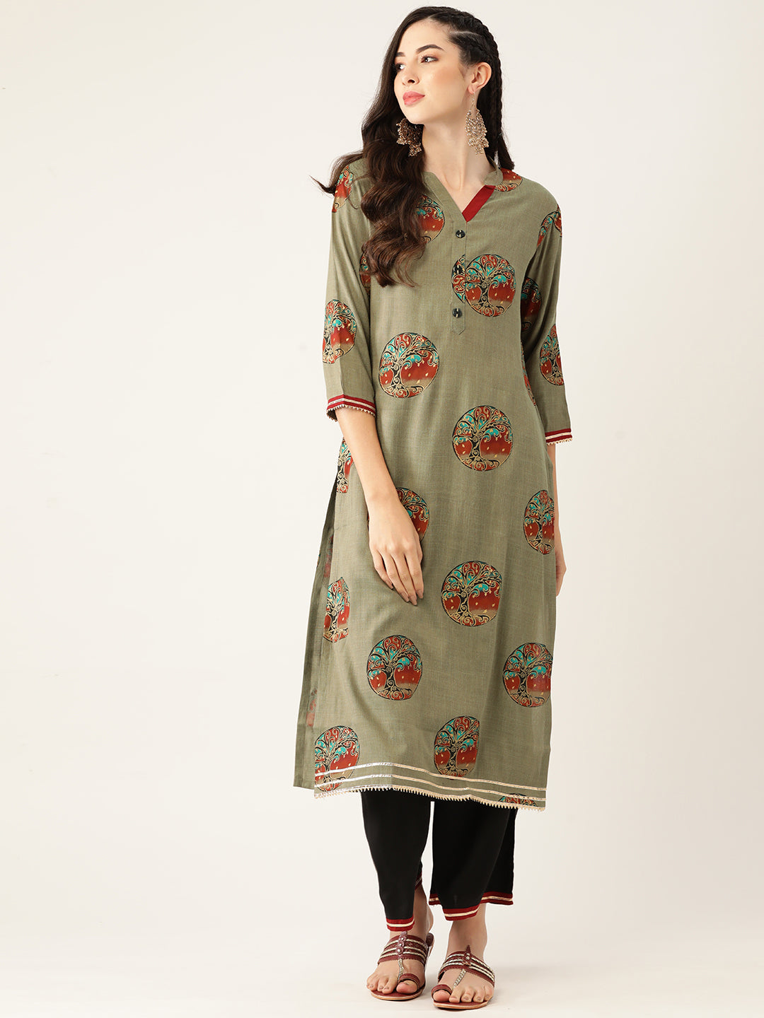 Women's Mehandi Color Rayon Blend Straight Gold Printed Kurta Palazzo Set - VAABA