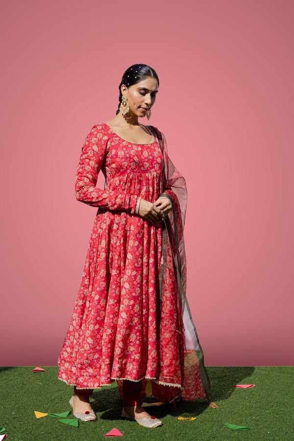 Mehfi Red Anarkali Set - Indiakreations