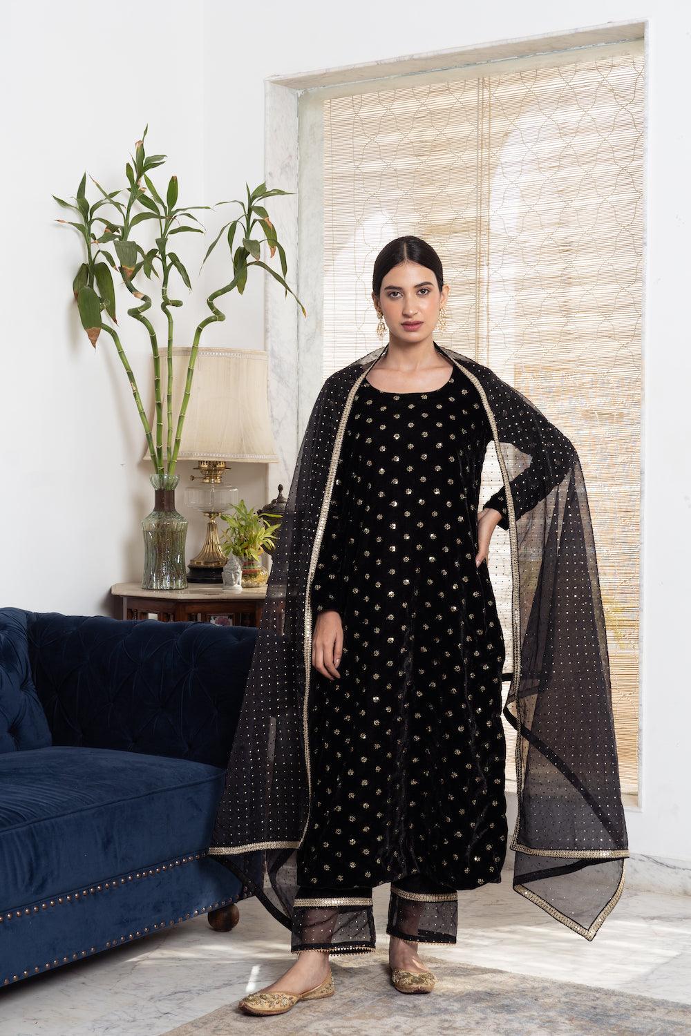 Khwabidah Black Kurta Set of 3 - Indiakreations