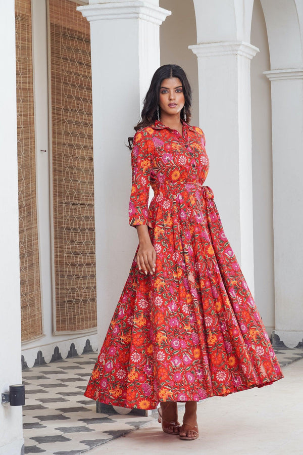 Red hand block shirt collar Maxi - Indiakreations