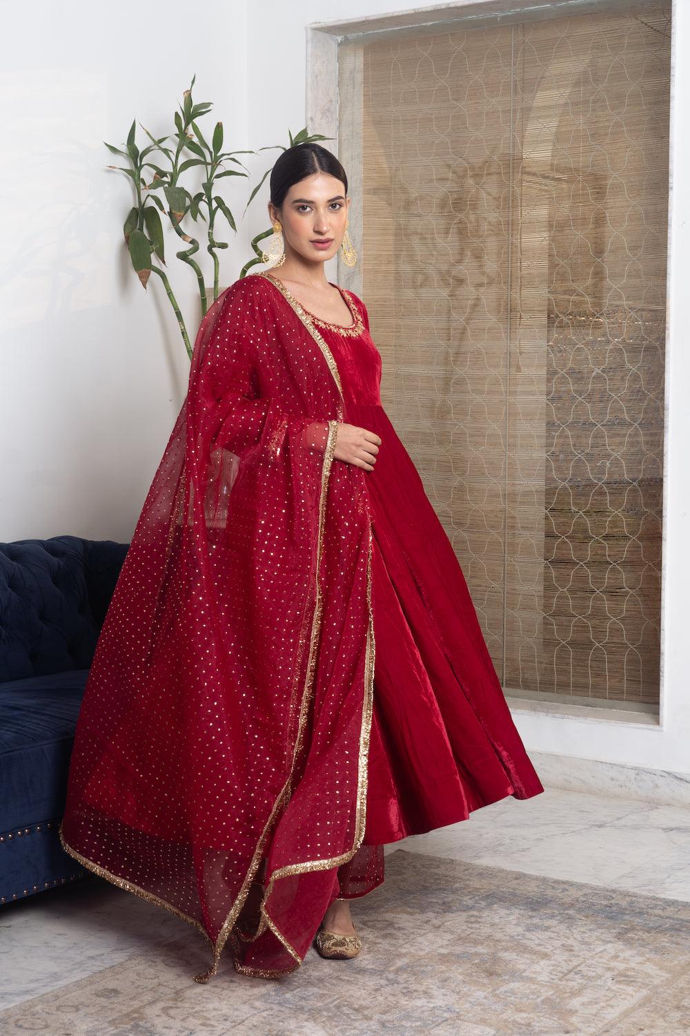 Khwabidah Maroon Anarkali Set of 3 - Indiakreations