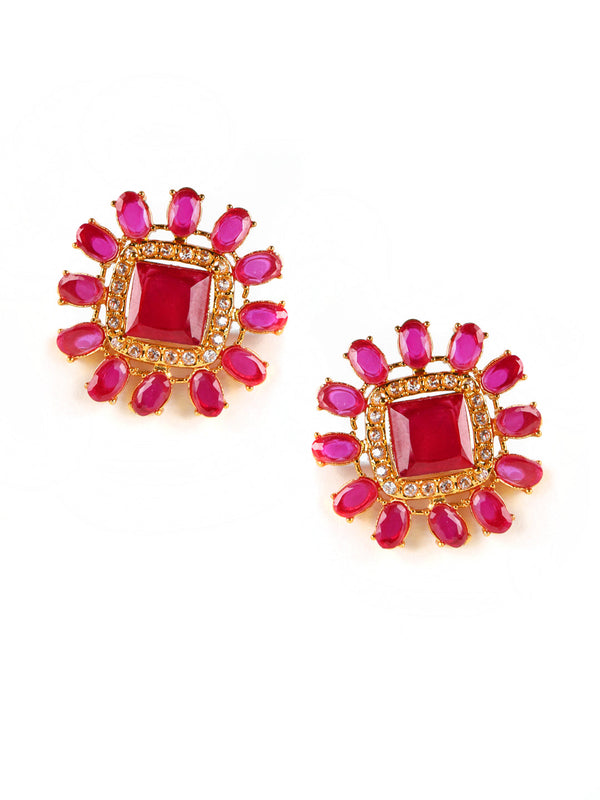 Women's Gold Plated Marron & Ruby Studded Floral Studs Earrings - Jazz and Sizzle