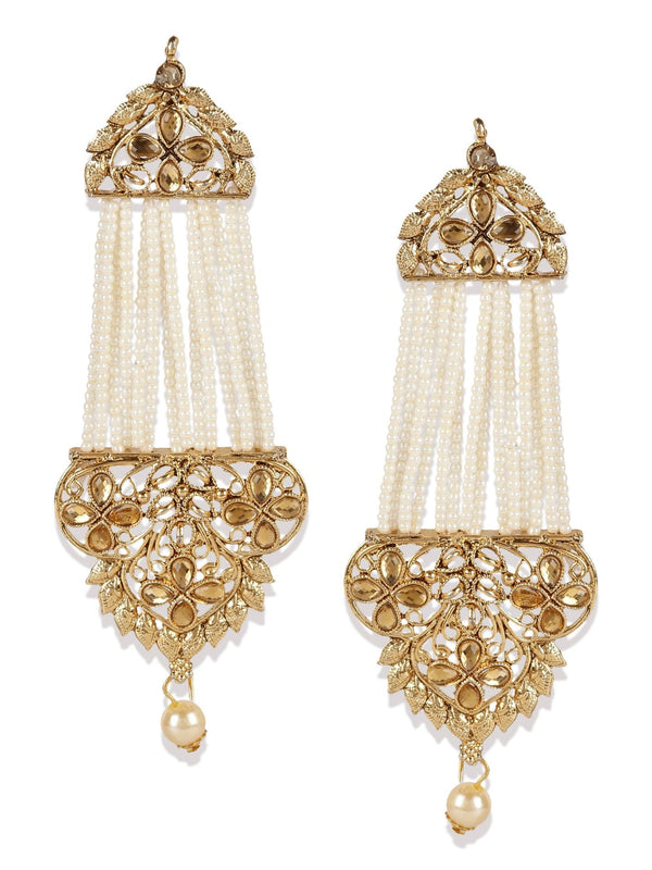 Women's White & Gold-Plated Handcrafted Kundan Pearl Studded Multistrand Earrings - Anikas Creation