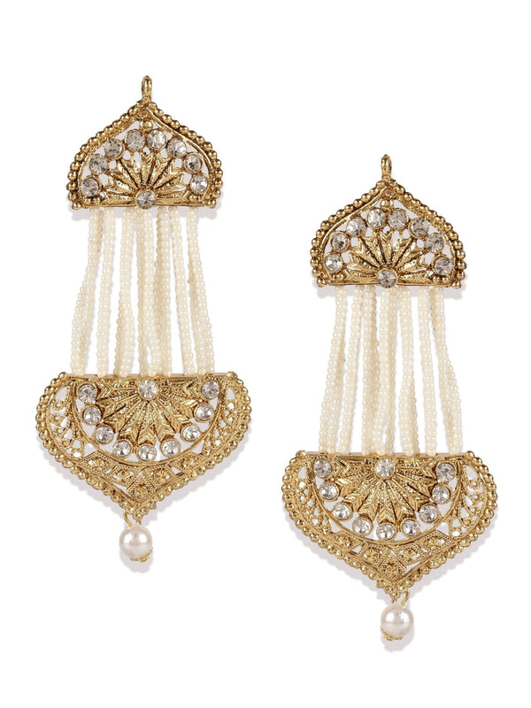 Women's White & Gold-Plated Handcrafted Kundan Pearl Studded Multistrand Earrings - Anikas Creation