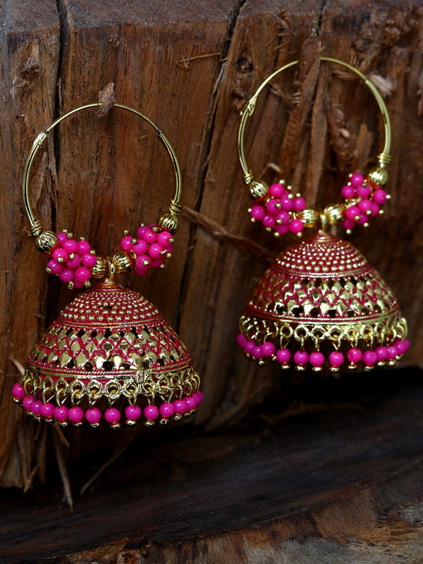 Women's Pink & Gold-Plated Enamelled Dome Shaped Jhumkas - Anikas Creation