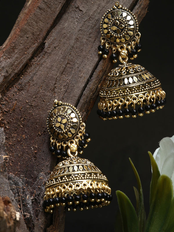 Women's Gold Plated & Black Enamelled Dome Shaped Jhumkas - Anikas Creation