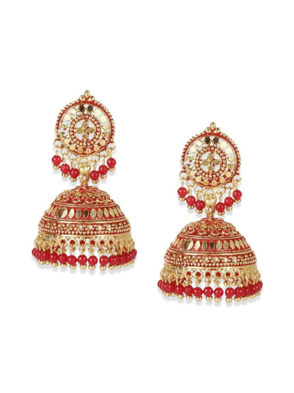 Women's Gold Plated & Red Enamelled Dome Shaped Jhumkas - Anikas Creation