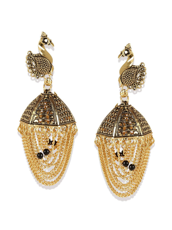 Women's Gold Plated & Black Enamelled Peacock Shaped Jhumkas - Anikas Creation